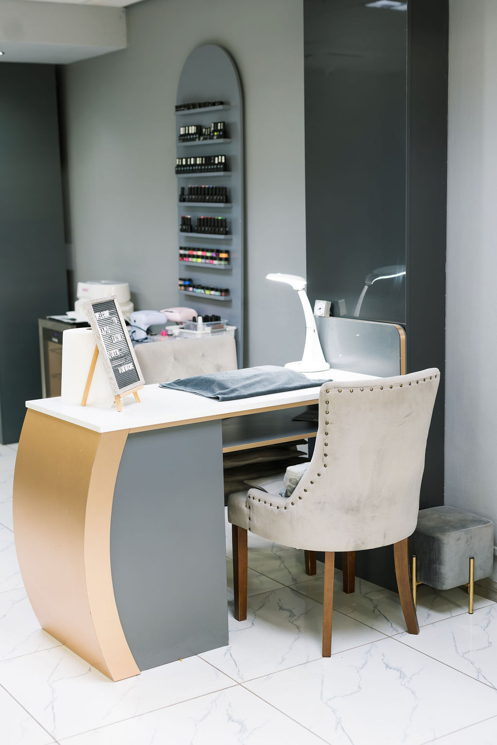 Nail bar workspace at Lapis Lazuli Beauty Bar
